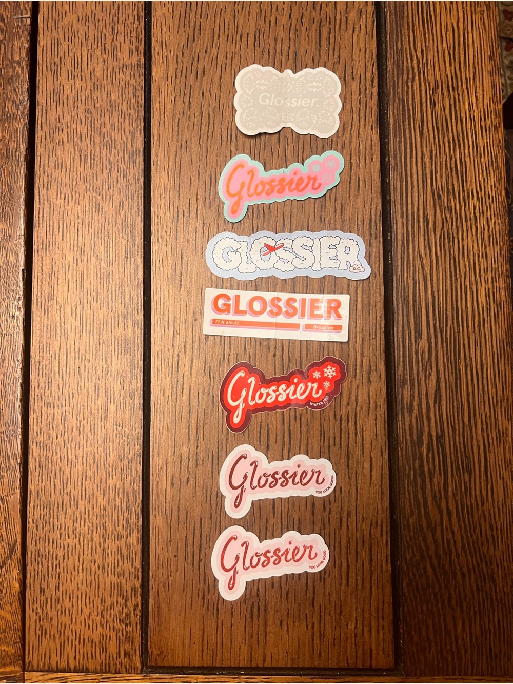 Glossier sticker set — pink, red, white accents